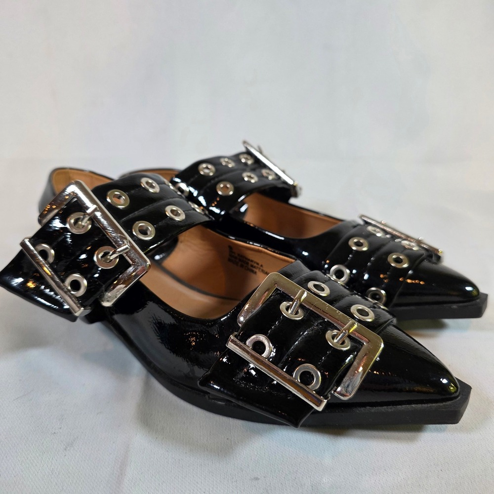 Project Cloud Katharyn Womens 6 Black Patent Buckle Pointed Toe Slingback Flats
